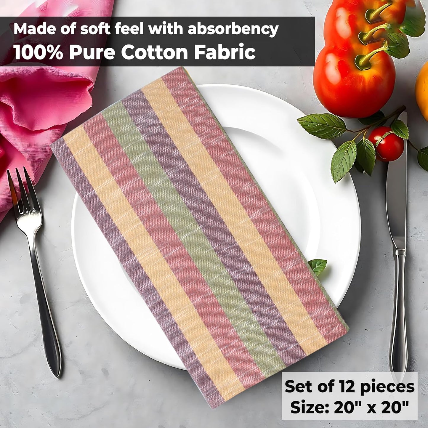 Urban Villa Fall Cloth Napkins Harvest Stripes Dinner Napkins Set of 12 (20X20 Inches) 100% Cotton Absorbent Thanks Giving Napkins Soft Durable Washable Reusable Ideal for Everyday Use Wedding Parties