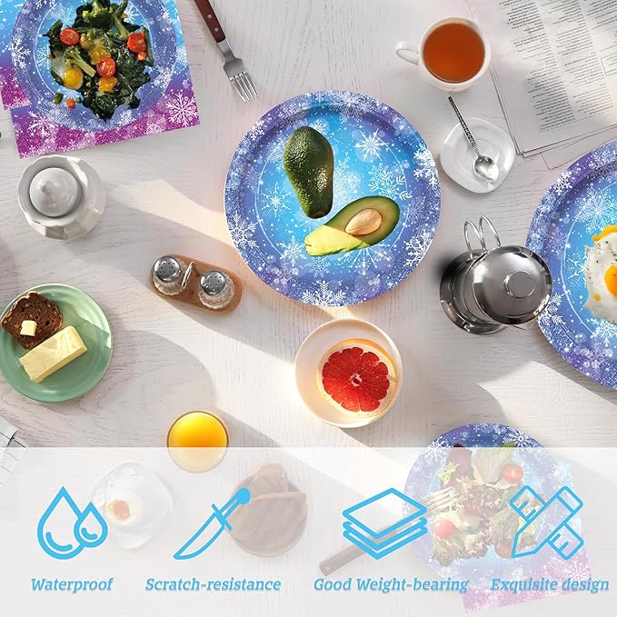 Winter Snowflake Paper Plates and Napkins Set, 194 Pcs Frozen Birthday Decorations Party Supplies, Winter Wonderland Disposable Tableware Includes Tablecloths, Banner, Cups and Cutlery, Serves 24