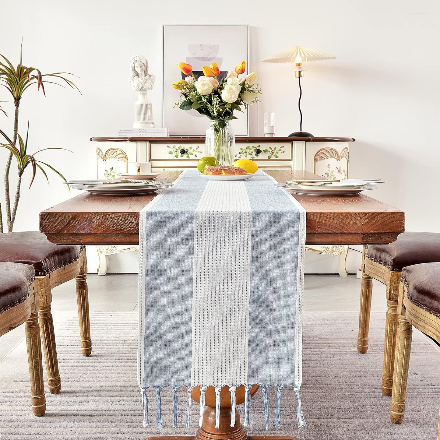 Wracra Linen Table Runner, Farmhouse Macrame Table Runners 36 Inches Long for Dining Table Decor, Wedding, Party and Dresser Decor (Blue,36")