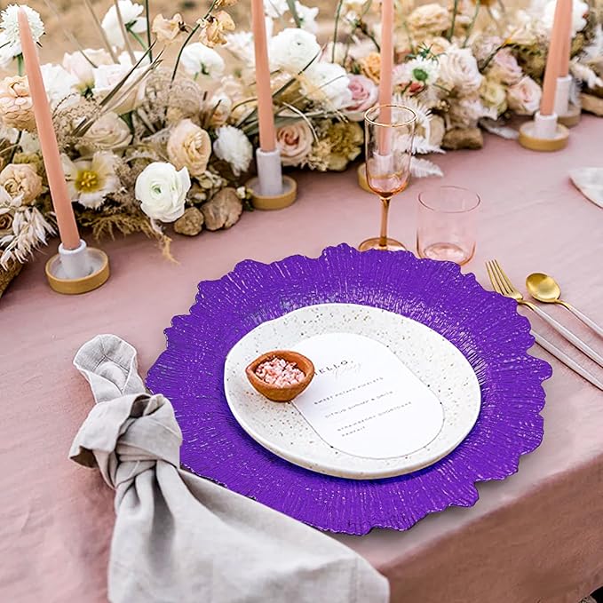 50 Pcs Purple Charger Plates Bulk 13 Inch Plastic Charger Plates for Dinner Plate, Purple Chargers for Table Setting, Reef Design Plate Floral Decorative Round Chargers for Wedding Party Event