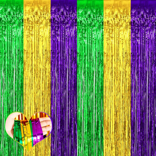 4 Pack 3.2Ft x 6.6Ft Mardi Gras Fringe Curtain Backdrop, Gold Green Purple Metallic Tinsel Foil Fringe Streamers Curtains Background for Photo Booth Birthday Wedding Carnival Party Decorations