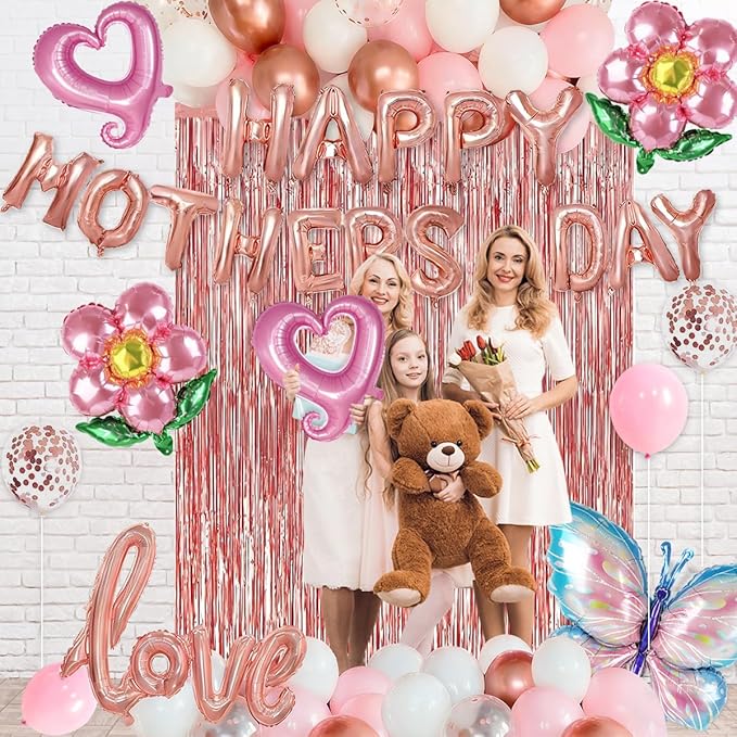 Mothers Day Decorations, Pink Rose Gold Happy Mother's Day Balloon Garland Kit with Best Mom Theme Love, Flower,Butterfly Balloons Foil Curtain for Girls Women Mother's Day Party Supplies