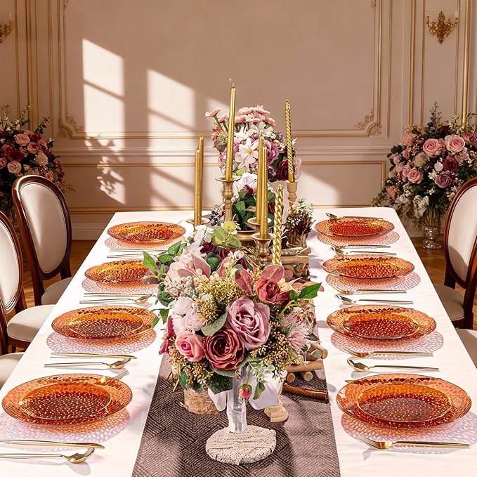 Rubtlamp 60Pcs Amber Plastic Plates - Brown Disposable Plates With Gold Rim, Clear Heavy-duty Party Plates, Hammered Plates Include 30 Dessert Platos, 30 Dinner Platos for Party