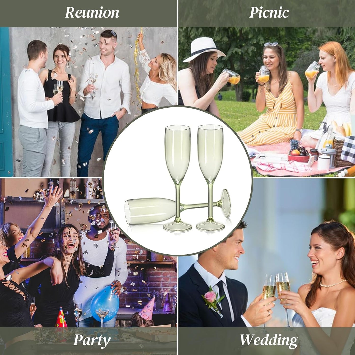 XUWAIDSGN 24 Pcs Champagne Flutes Plastic Wine Glasses Bulk Vintage Champagne Flutes Mimosa Bar Glasses Stemmed Drinking Cups 5.4OZ for Christmas Birthday Wedding Bride (24, Sage Green)