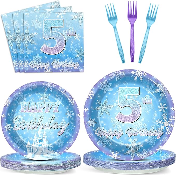 Snowflake Winter Wonderland 5th Birthday Paper Plates Napkins Forks Disposable Dinnerware Happy 5th Birthday Blue and Purple Winter Snowflake Tableware for Kids Christmas onderland Party Decorations