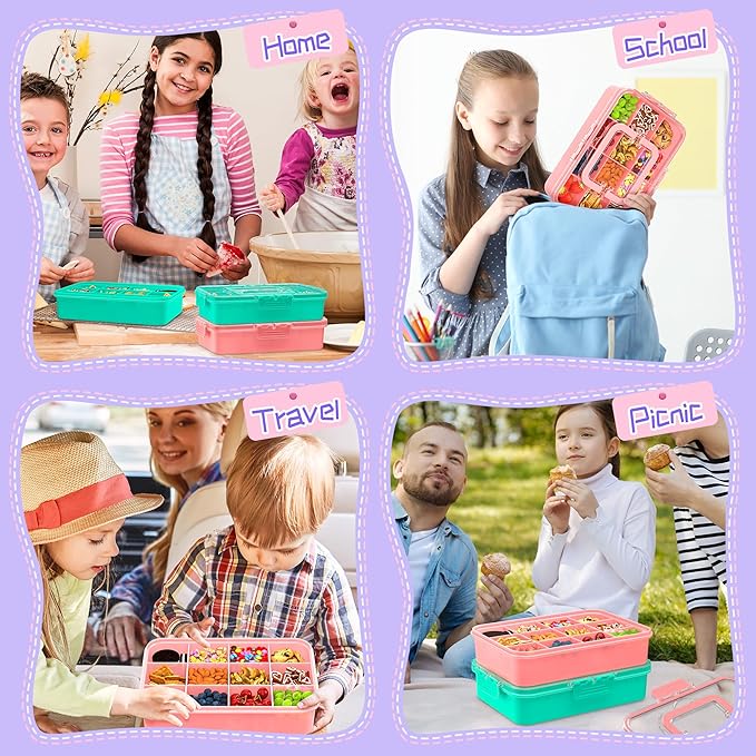2 Pcs Snack Box Container for Kids - Adjustable 12-Compartment Snack Containers, Reusable Bento Box, Dishwasher Safe, BPA-Free, Perfect for School, Travel, Camping & Picnic, Pink & Green