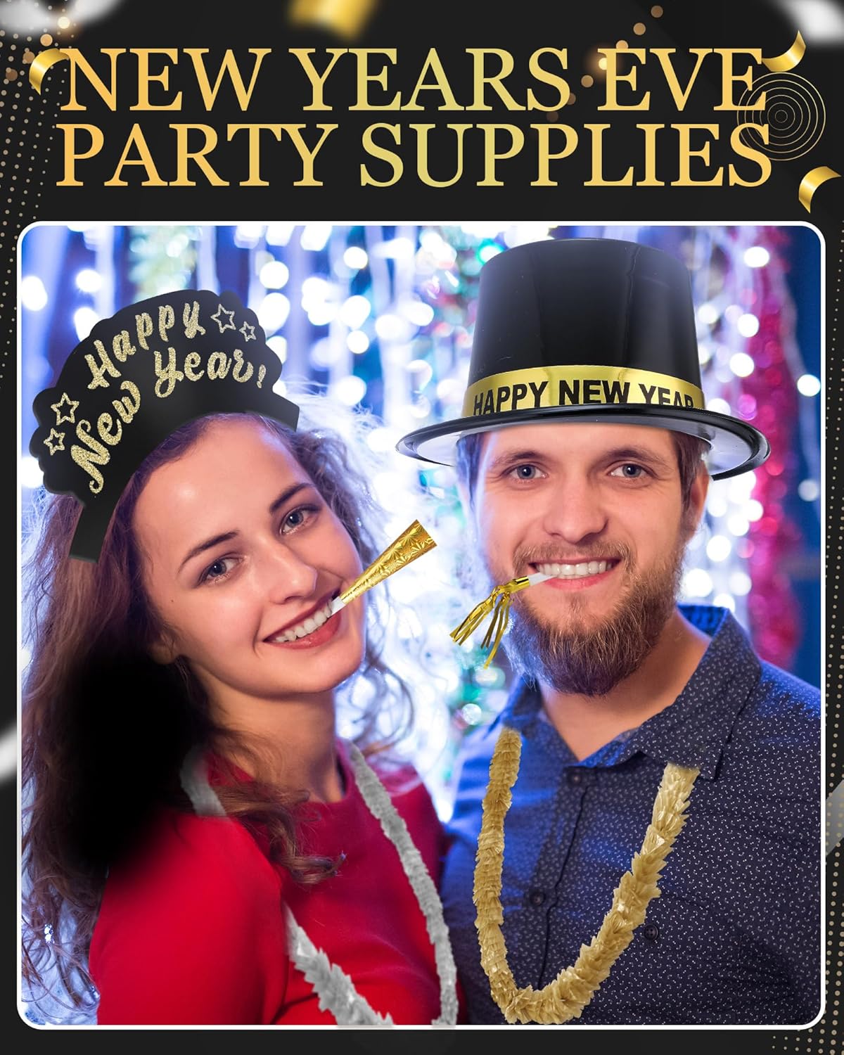 Cuffbow 300 Pcs 2026 New Years Eve Party Supplies Include Happy New Year Cone Hat Headband Tiara Metallic Fringed Party Blowers Noise Makers Horns Leis Hair Hoop Favors Decorations(Black Gold)