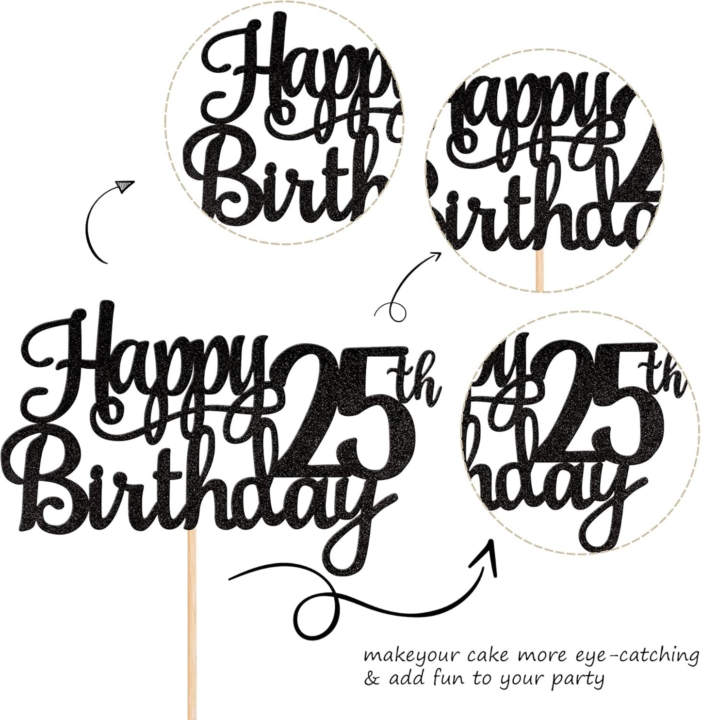1 PCS Happy 25th Birthday Cake Topper Glitter Cheers to 25 Years Birthday Cake Pick 25 Fabulous Cake Decoration for Happy 25th Birthday Theme Party Decorations Supplies Black
