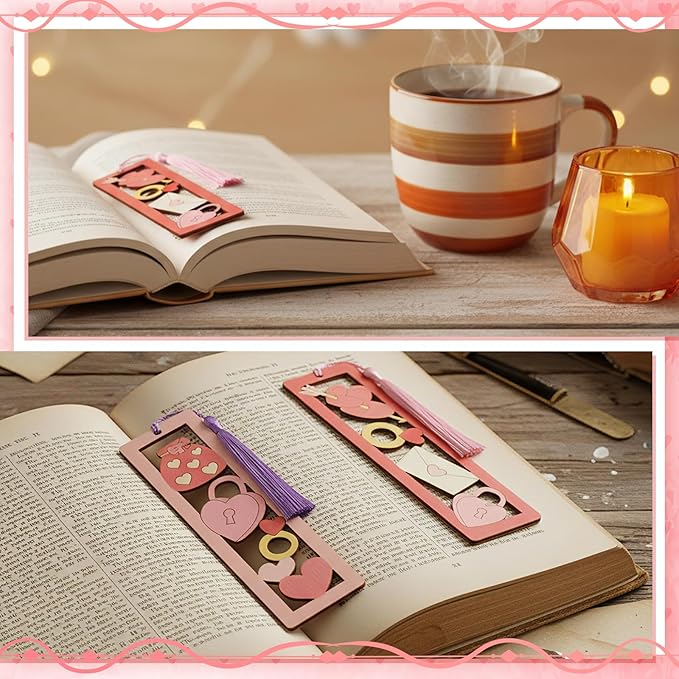 Yexiya 100 Pcs/50 Set Valentine's Day Wooden Bookmarks DIY Craft Kit, Love Heart Bookmark Art Set for Classroom, Book Lovers, Birthday Holiday Gifts