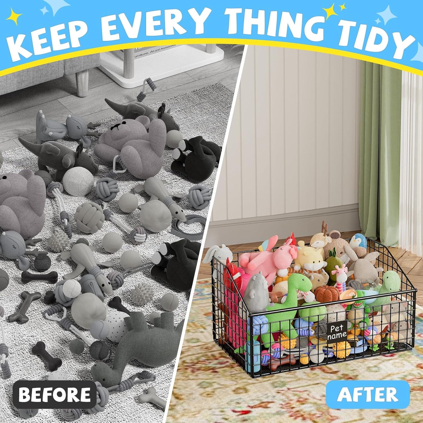 Indestructible Dog Toy basket, Large Toy Box for Dogs,Pet Toy Bin Dog Metal Basket for Toys, Toy Storage Organizer (Black)