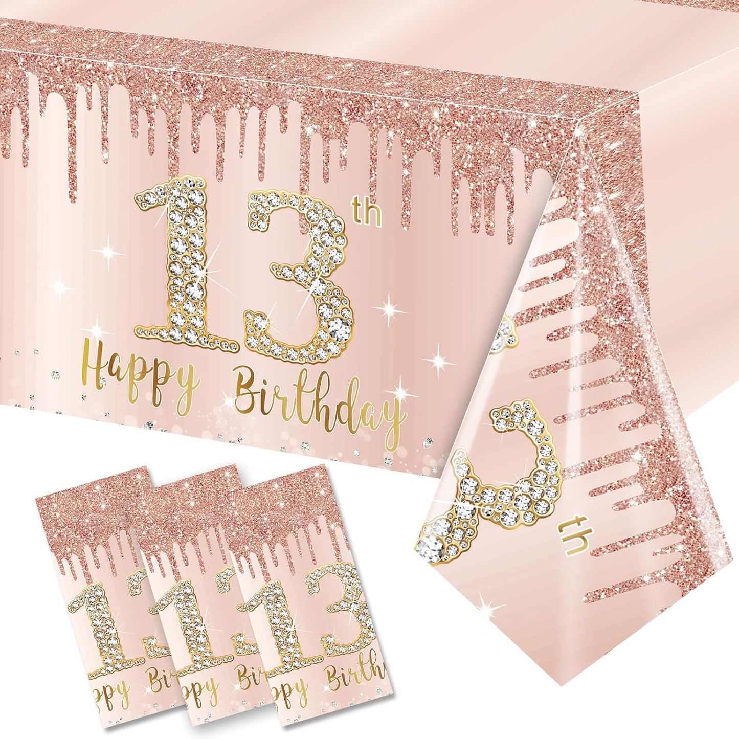 3 Pack 13th Birthday Tablecloth Decorations for Girls, Pink Rose Gold Happy 13 Birthday Theme Table Cover Party Supplies, Thirteenth Year Old Plastic Disposable Rectangular Table Cloth Decor