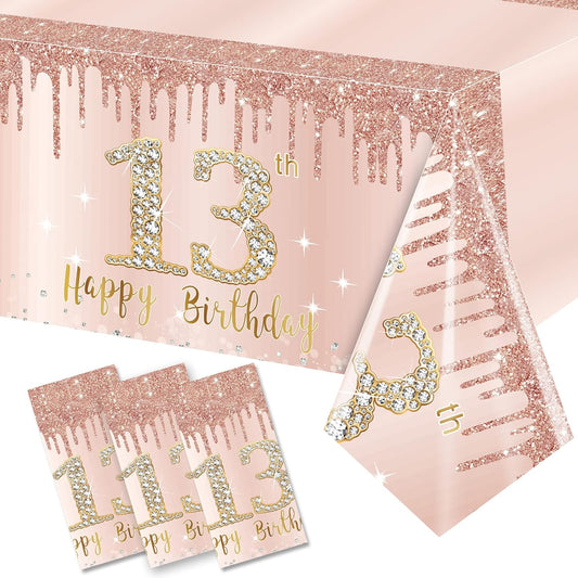 3 Pack 13th Birthday Tablecloth Decorations for Girls, Pink Rose Gold Happy 13 Birthday Theme Table Cover Party Supplies, Thirteenth Year Old Plastic Disposable Rectangular Table Cloth Decor