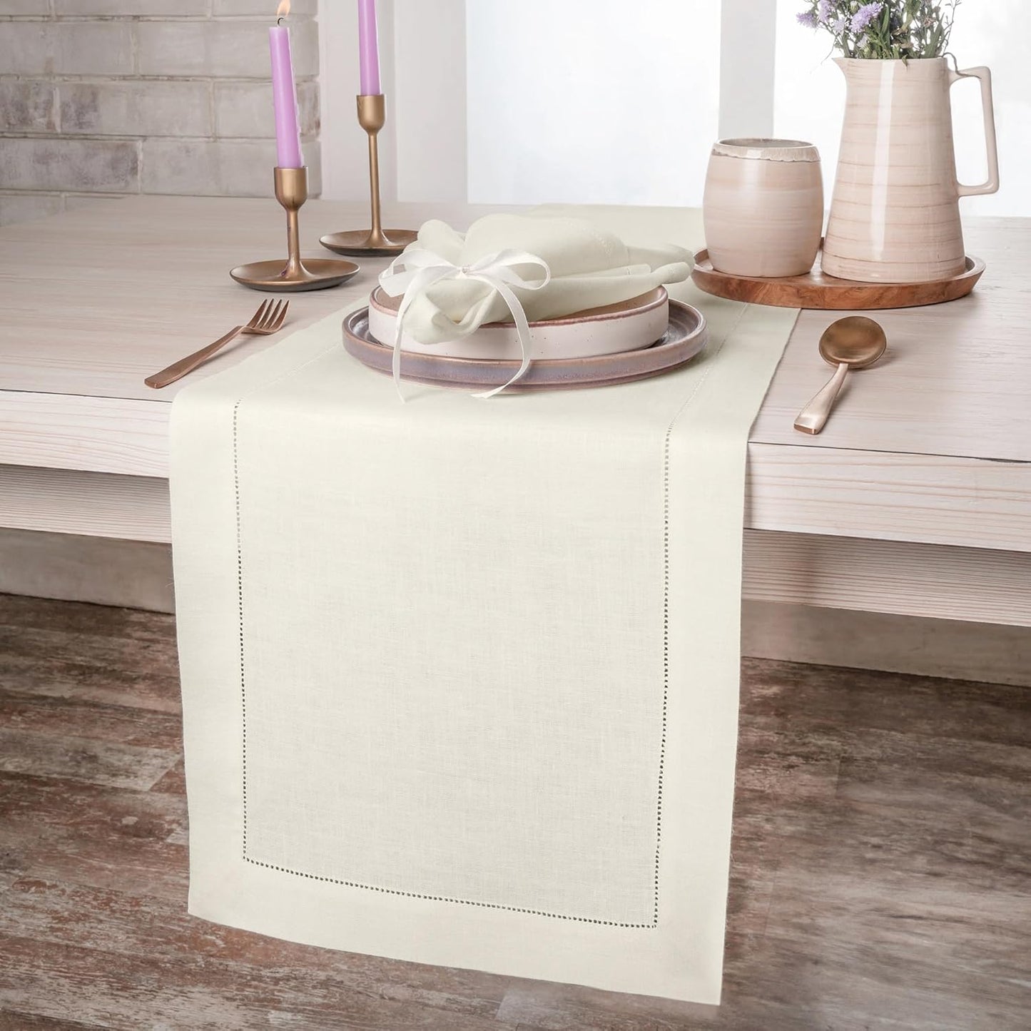 D'Moksha Homes Linen Ivory Table Runner 90 Inches Long - Classic Hemstitch 100% Pure Linen Dining Table Runner 14 x 90 Inch for Fall, Autumn and Halloween