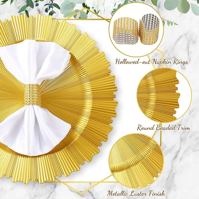 Tanlade 50 Set Bright Gold Charger Plates Bulk with Napkin Rings Plastic 13" Plate Charger Fluted Edge Wedding Decoration for Table Wedding Party Event(Gear)