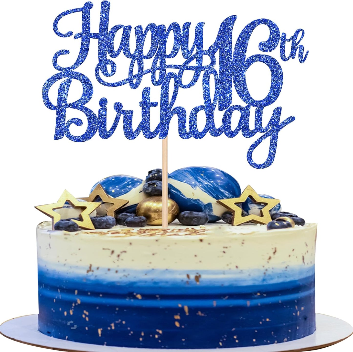1 PCS Happy 16th Birthday Cake Topper Glitter Cheers to 16 Years Birthday Cake Pick Sweet 16 Fabulous Cake Decoration for Happy 16th Birthday Theme Party Decorations Supplies Blue