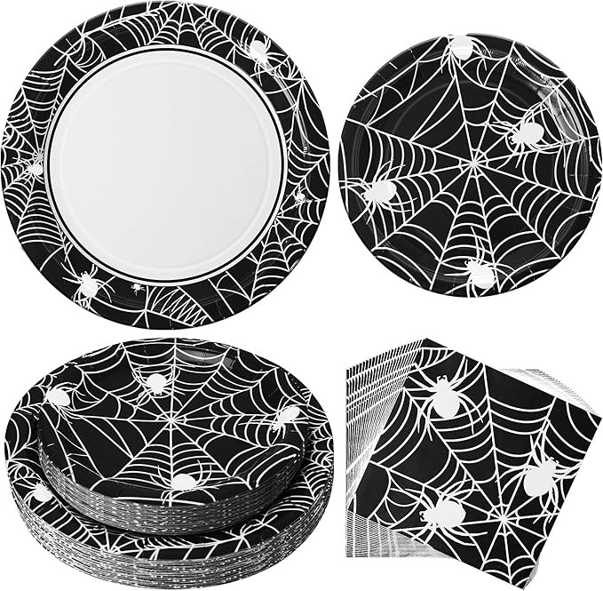 75pcs Spider Party Supplies, Disposable Paper Plates & Napkins, Tableware Decorations Favors, Including 9" & 7" Plates & Napkins for Halloween, Birthday, Parties, and Everyday Use