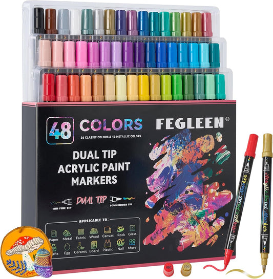 48 Colors Acrylic Paint Markers,Dual Tip Acrylic Markers with Fine Tip and Brush Tip Contain 12 Metallic Colors for Rock Painting,Egg,Wood,Glass,Canvas,Fabric,Ceramic,Crafts,Art Supplies