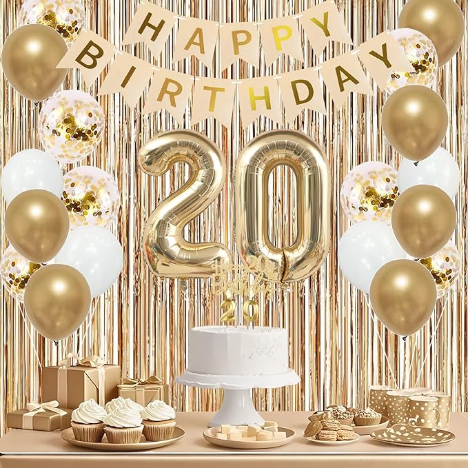 Trgowaul Happy 20th Birthday Decorations for Girls, Banner, Sash and Crown, Cake Topper, 20 Number Balloon, Fringe Curtains, Champagne Gold 20th Birthday Party Supplies