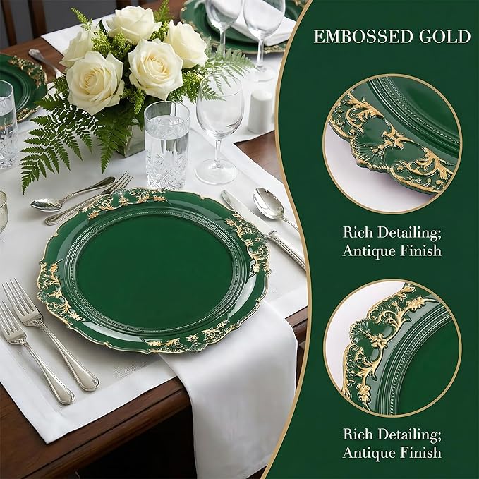 Green Charger Plates, 13 Inch Embossed Chargers for Dinner Plates. Plastic Charger for Wedding, Party. (Set of 6)