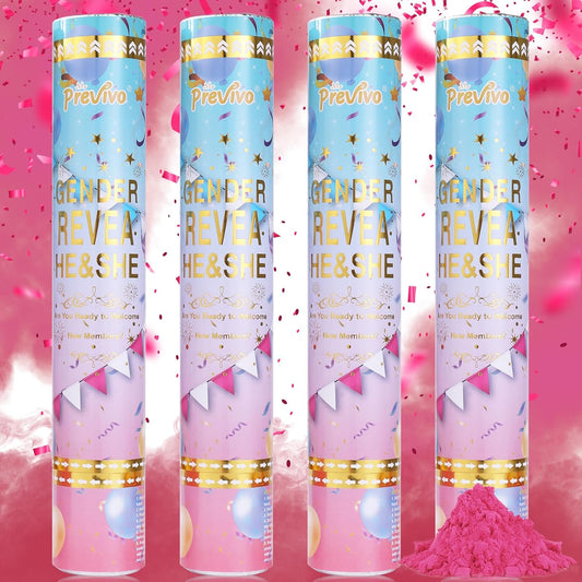 Previvo Gender Reveal Confetti Powder Cannon - 4 Pack Pink Baby Gender Reveal Poppers - 100% Biodegradable Powder Smoke - Ideas Party