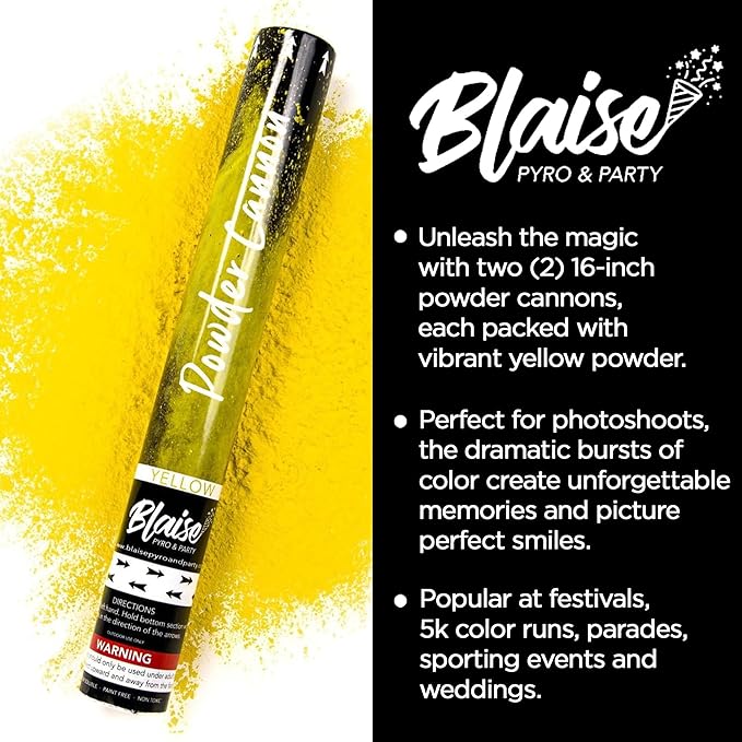 Blaise Pyro & Party - Yellow Powder Poppers - Water-Soluble & Colorful Powder Cannons for Gender Reveals, Birthdays, Weddings & Celebrations - Easy to Use for Memorable Photos - 16-Inch, 2-Pack