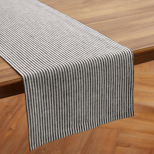 Solino Home Linen Table Runner 120 Inches Long - Narrow Stripe, 100% Pure Linen Black and White Table Runner 14 x 120 Inch for Dining, Fall, Autumn, Halloween, Thanksgiving, Christmas