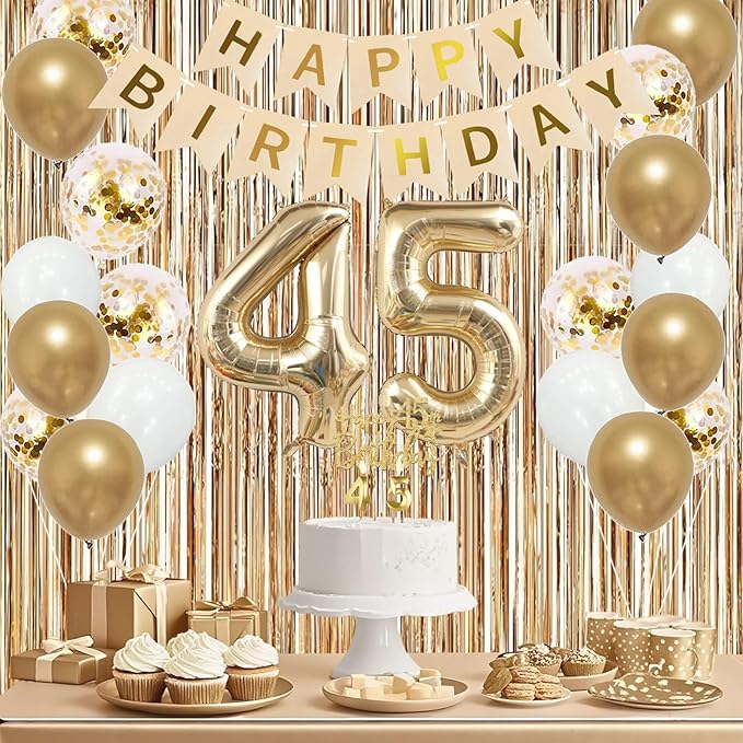 Trgowaul 45th Birthday Decorations for Women, Banner, Sash and Crown, Cake Topper, 45 Number Balloon, Fringe Curtains, Champagne Gold 45th Birthday Party Supplies
