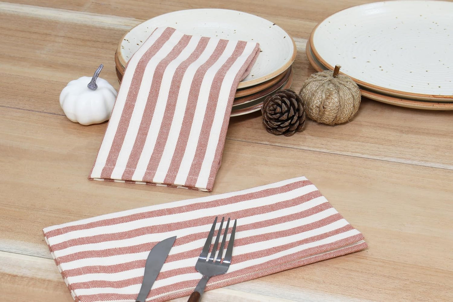 PurpleEssences Plain Striped Cloth Napkins - Set of 12-100% Cotton - 18 x 18 Inch - Fall Thanksgiving - Perfect Everyday Use Dinner Napkin - Royal Rust Ivory