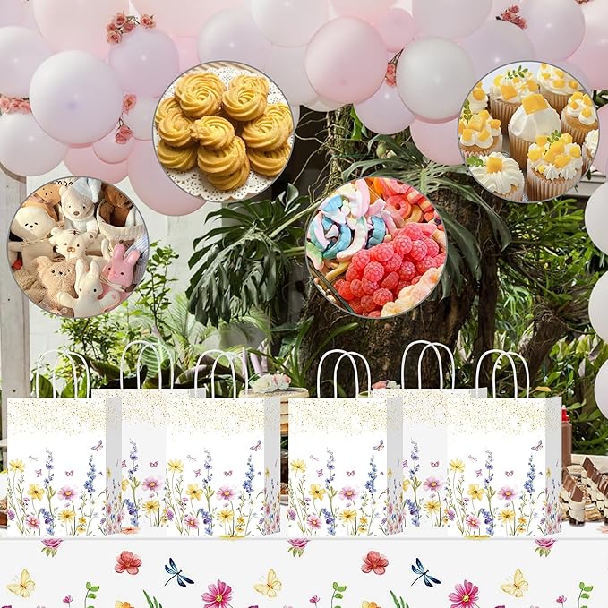 W WINTMING 16 Pcs Wildflower Gift Bags Spring Flower Welcome Bags White Paper Bag with Handle Floral Party Favor Candy Goodie Bag for Baby Shower Wedding Bridal (Wildflower-2, 16)