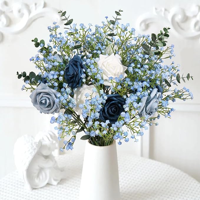 DEEMEI 15 PCS Babys Breath Artificial Flowers Fake Babys Breath Flowers Artificial Bulk Blue Gypsophila Bouquets Real Touch Faux Flowers for Wedding Floral Arrangement Party Home Decoration