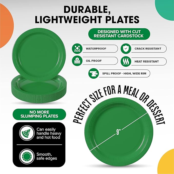 Exquisite Party Solids Emerald Green Paper Plates Disposable Heavy Duty 9 Inch Emerald Green Disposable Plates For Party 100 Pcs Heavy Duty 350 GSM, Birthday Supplies