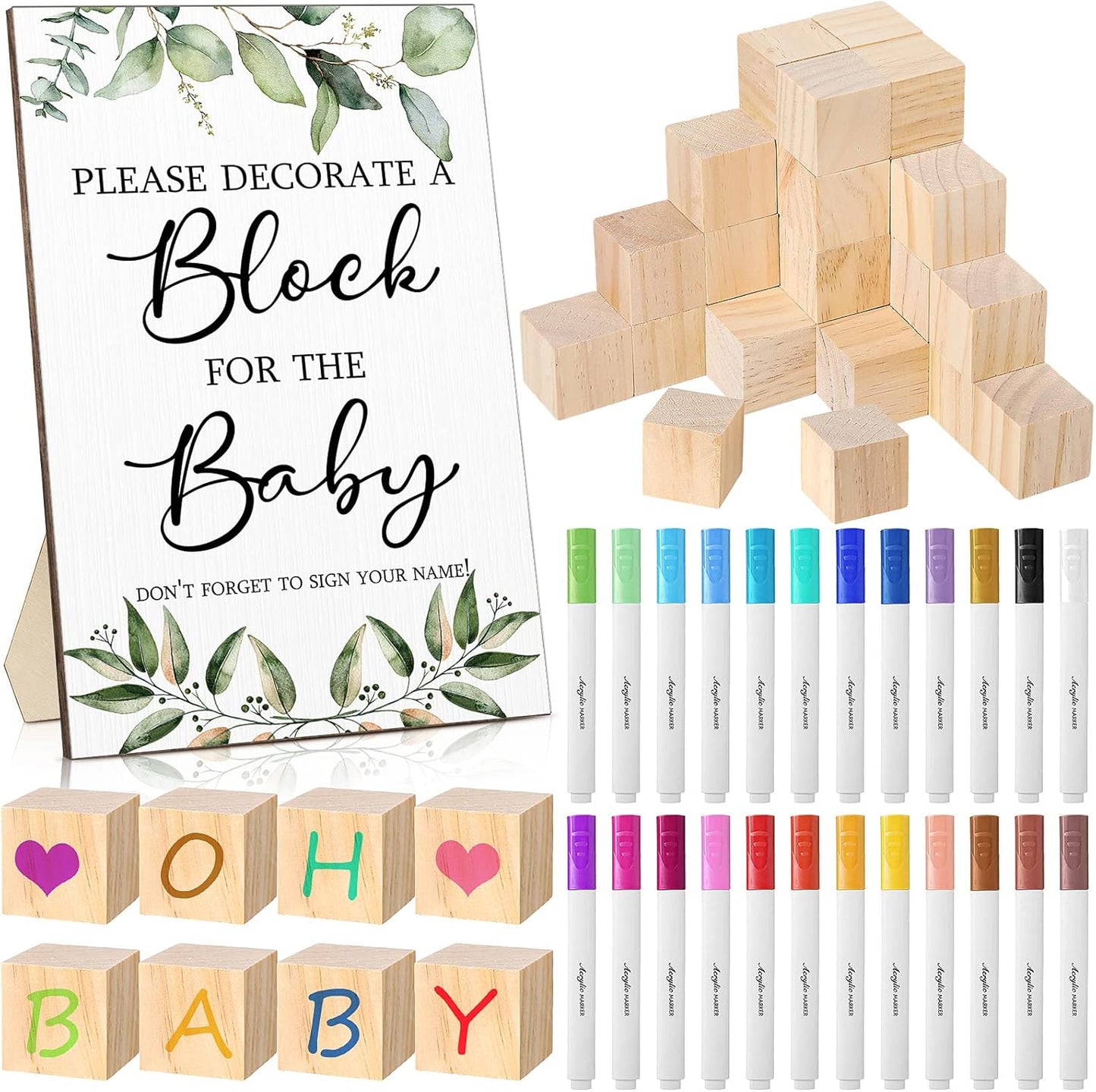 Tatuo 75 Pcs Baby Shower Games Sign Kit Including Decorate a Block Game Sign 50 DIY Wooden Block 24 Acrylic Paint Marker Baby Shower Prize for Gender Reveal Party(Greenery)