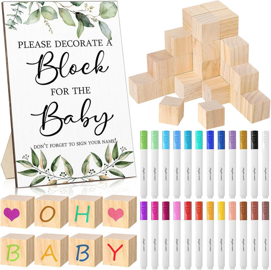 Tatuo 75 Pcs Baby Shower Games Sign Kit Including Decorate a Block Game Sign 50 DIY Wooden Block 24 Acrylic Paint Marker Baby Shower Prize for Gender Reveal Party(Greenery)
