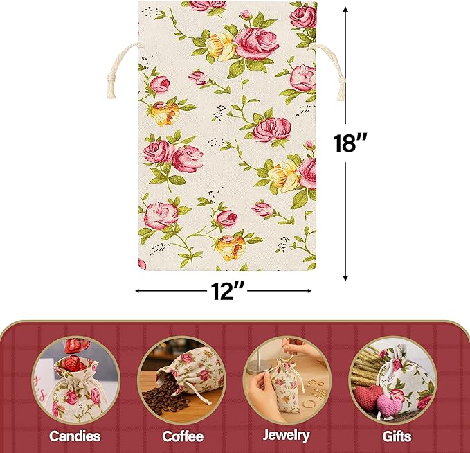 Mandala Crafts 12X18 Inch Rose Burlap Drawstring Gift Bags for Favors - 15 Large Floral Linen Sacks Gift Pouches for Candy, Coffee, Jewelry, Wedding, and Party Supplies