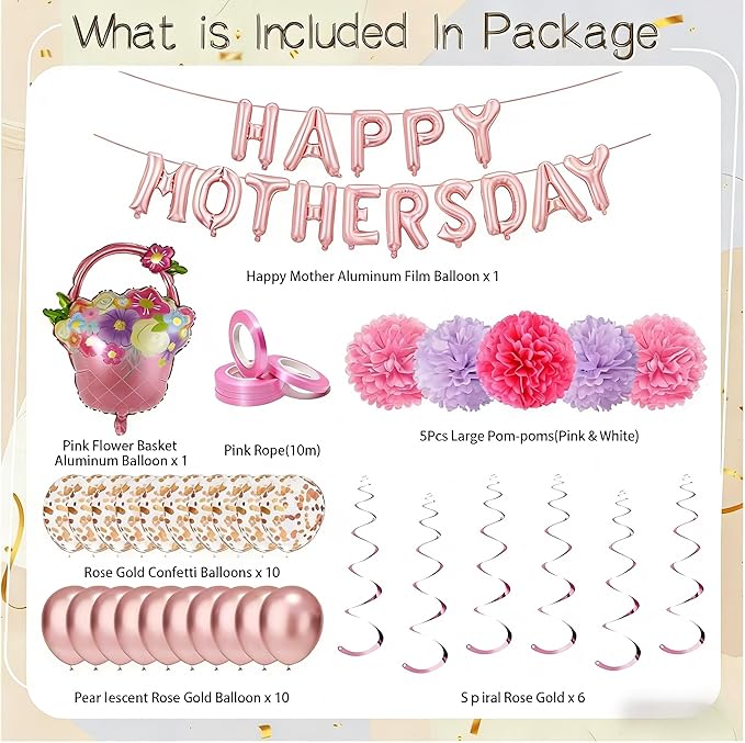 Mothers Day Decorations for Party - Mother's Day Decoration Pom-Poms Set Happy Mothers Banner & Balloon Kit with Pink and Light pruple, Rose Gold Confetti Balloons,Spiral Ornaments for Photo Backdrop & Party Decor