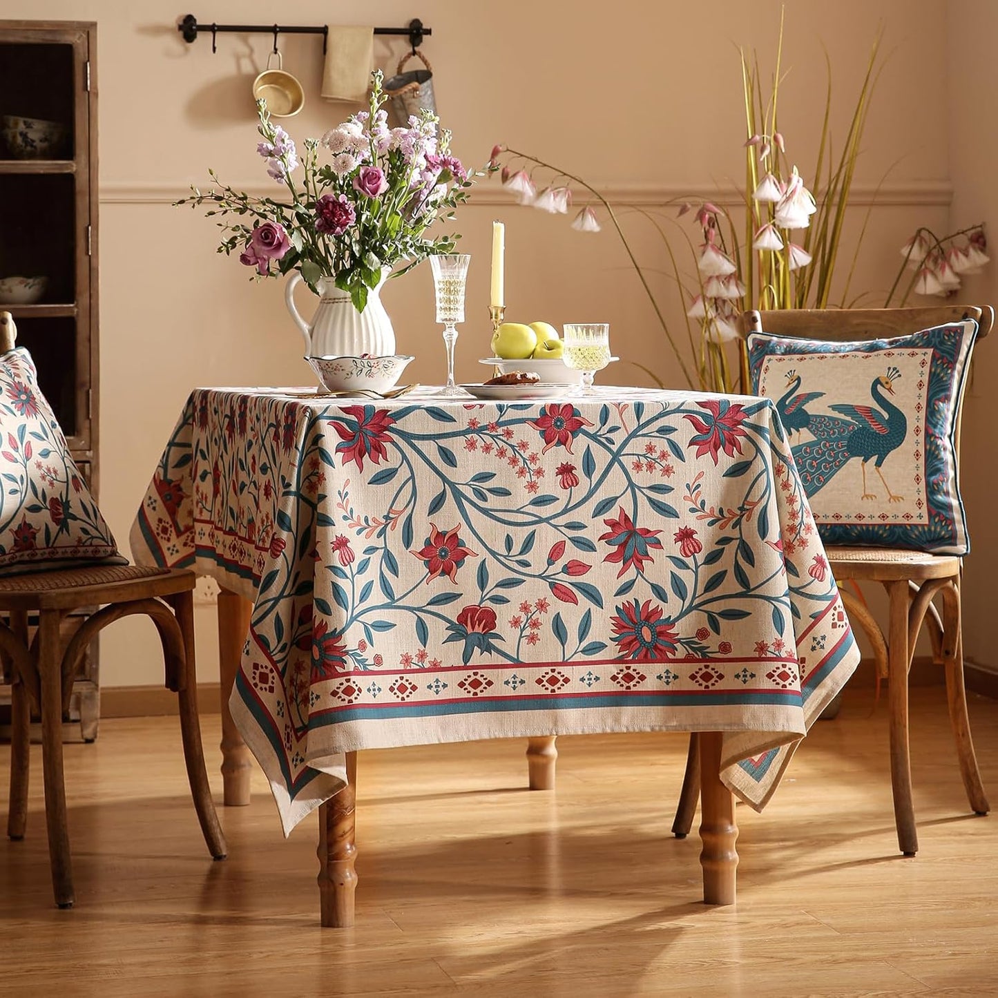 Designer Linen Small Square Red Tablecloth,Vintage William Morris Wrinkle Resistant Floral Table Cloth,Decor Table Cover for Kitchen,Dining,Thanksgiving,Christmas,55"*55"-Dorodango B