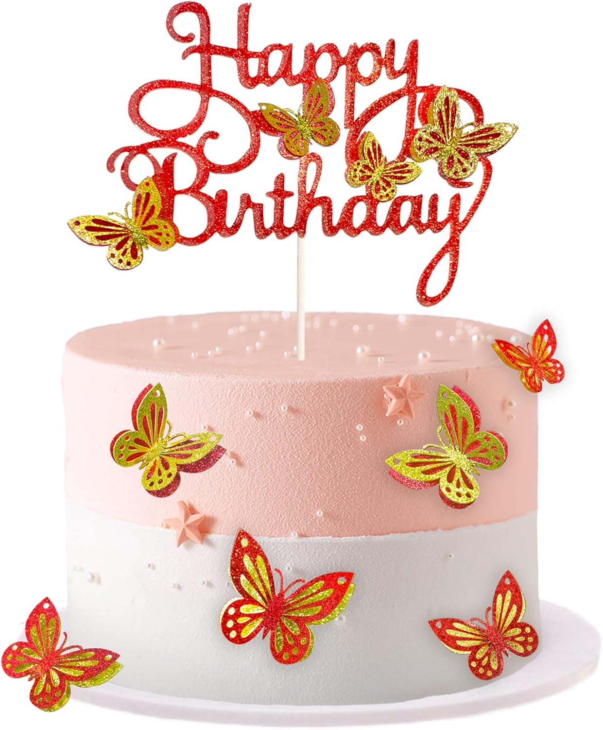 13-Piece Butterfly Cake Toppers - 3D Cupcake Toppers for Girls & Women's Birthdays (Golden Red)