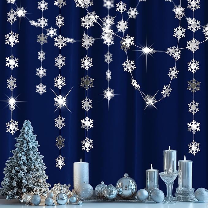 Cheerland Clearance Winter Wonderland Silver Snowflakes Decorations Hanging Christmas Garland for Onederland New Year Office Dorm Hanukkah Holiday Bridal Shower Winter Ceiling Decor Xmas Backdrop
