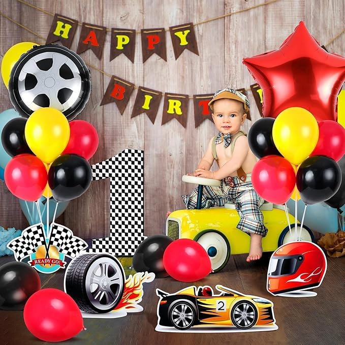 6 Sets Race Car Party Balloons Stand Kit Racing Car Table Centerpieces Decor Red Black Yellow Balloon Race Car Birthday Party For Boys Let's go Birthday Racing Sports Themed Decorations