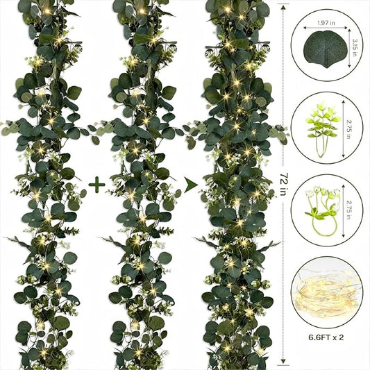 Eucalyptus Garland with Lights, 4 Packs 6FT Green Flower Garland Decor, Artificial Faux Eucalyptus Leaves Greenery Vines for Table Runner Wedding Centerpieces Backdrop Decorations (Warm Color)