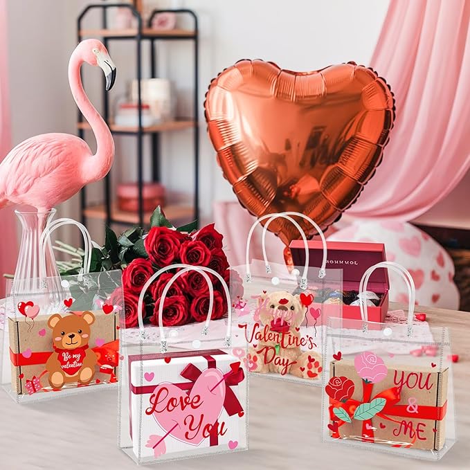 H1vojoxo Valentine's Day Gift Bags - 24PCS Happy Valentine's Day Clear PVC Gift Bags with Handle 7.9x3.2x7.9 Inches Reusable Valentines Candy Goodie Bags for Classroom Kids Gift Exchange Party Favors