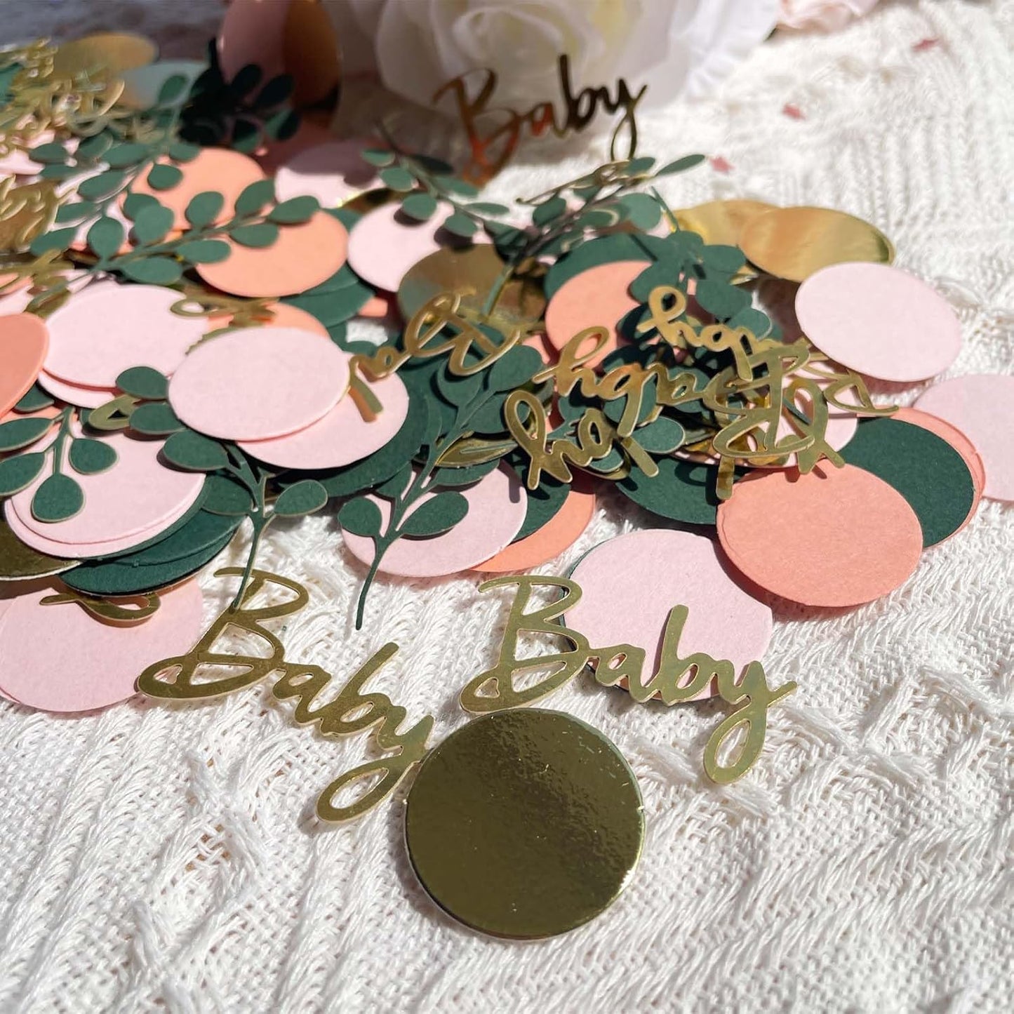 200 Pcs Greenery Baby Shower Confetti Scatter Decorations, Green Gold White Table Confetti Dots with Eucalyptus and Gold Glitte Baby Confetti Scatter for Baby Shower Gender Reveal Décor, 2.1