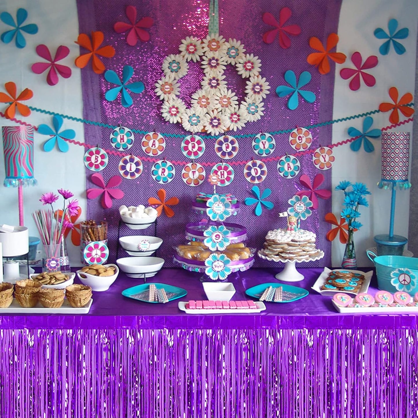 6 Pack 29x108 Inch Purple Metallic Foil Fringe Table Skirts Banner for Tinsel Streamer Garland Curtains Backdrop for Parade Floats Wedding Baby Shower Birthday Christmas Halloween Party Decoration