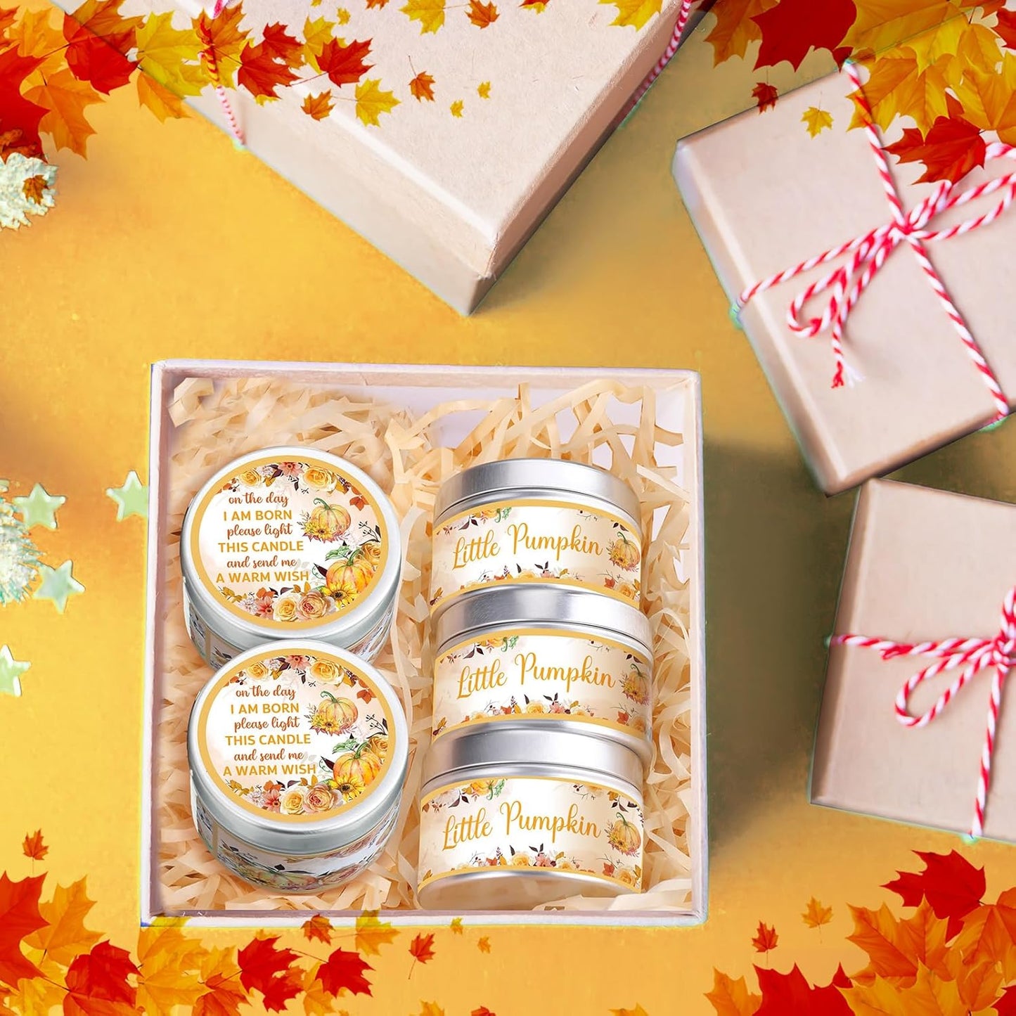 MTLEE 24 Pcs Fall Pumpkin Baby Shower Party Favors Candles Lavender Scented Baby Shower Favors for Guests Rustic Tealights Candles Gender Reveal Return Gifts Girl Boy(1.2 Oz, Yellow)