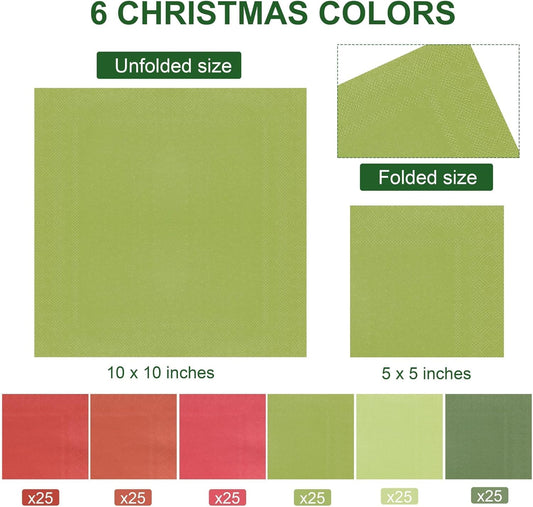 150 Pieces Christmas Paper Napkins Cocktail Napkin Christmas Beverage Napkins for Xmas Party Favors, 6 Colors
