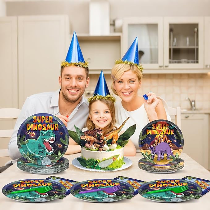 96 Pcs Super Dinosaur Plates and Napkins for Dinosaur Birthday Party Supplies Dino Movie Theme Paper Dessert Plates and Napkins Jungle Dino Tableware Set for Kids Boys 24 Guests Party Decorations