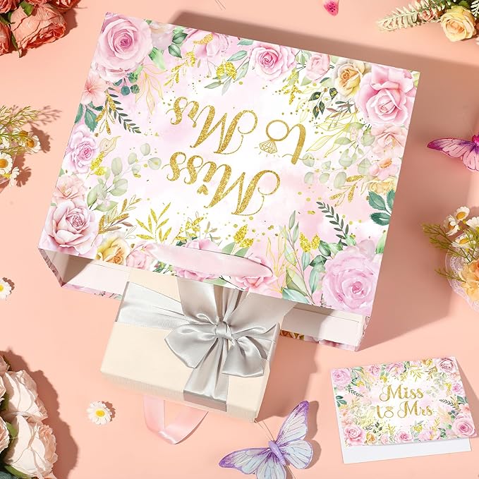 Yomaiha Floral Bridal Shower Gift Bag Wedding Miss to Mrs Gifts Bag with Tissue and Card Bridal Shower Gift Wrapping Paper Pink Flower Wedding Bride Engagement Bachelorette Party Supply Decorations