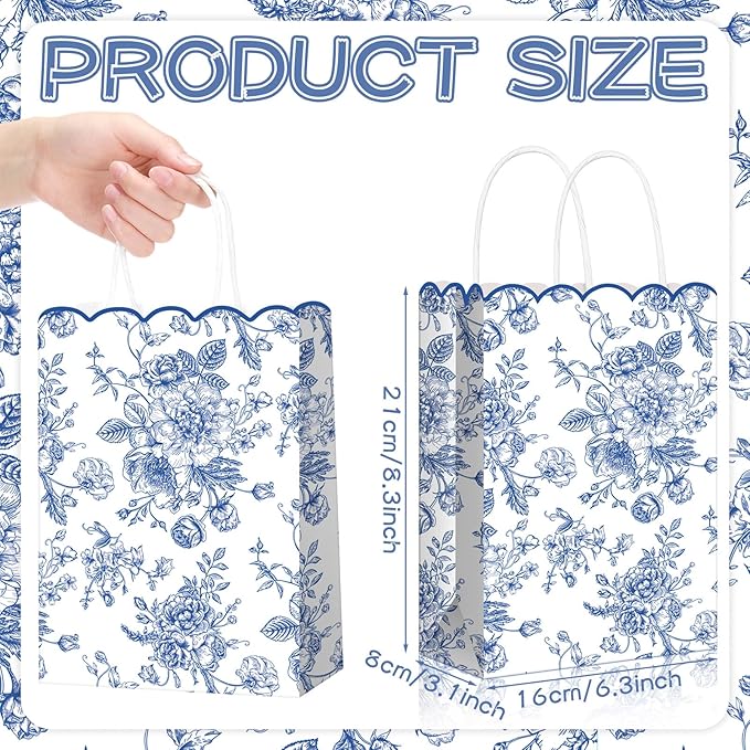 Kolldenn 24 Pcs Blue Floral Gift Bags with Handles Wildflower Party Favor Candy Treat Goodie Bags Scalloped for Birthday Decoration for Bridal Baby Shower Party Supplies