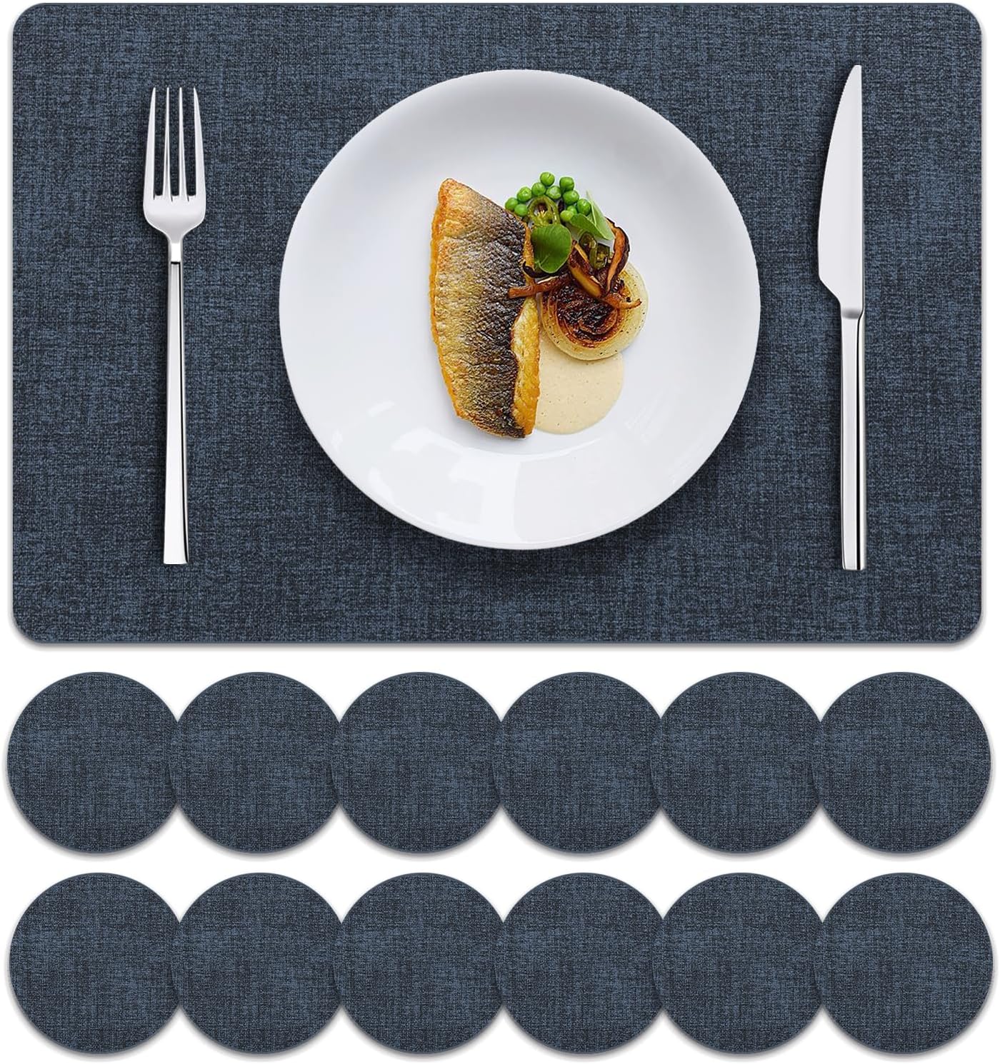 MOSAYT Faux Leather Placemats Set of 12, Heat Resistant Vinyl Place Mats with Coasters, Wipeable Washable 100% Waterproof Oil Proof Table Mats for Kitchen Dining Indoor Outdoor, 12" x 18", Navy Blue