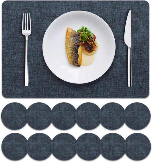 MOSAYT Faux Leather Placemats Set of 12, Heat Resistant Vinyl Place Mats with Coasters, Wipeable Washable 100% Waterproof Oil Proof Table Mats for Kitchen Dining Indoor Outdoor, 12" x 18", Navy Blue